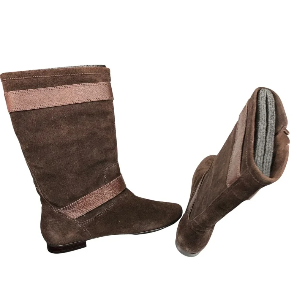 Marc Fisher Women Brown Suede Buckle Knee High‎ Boots Flat Heel Size 7.5 SU
